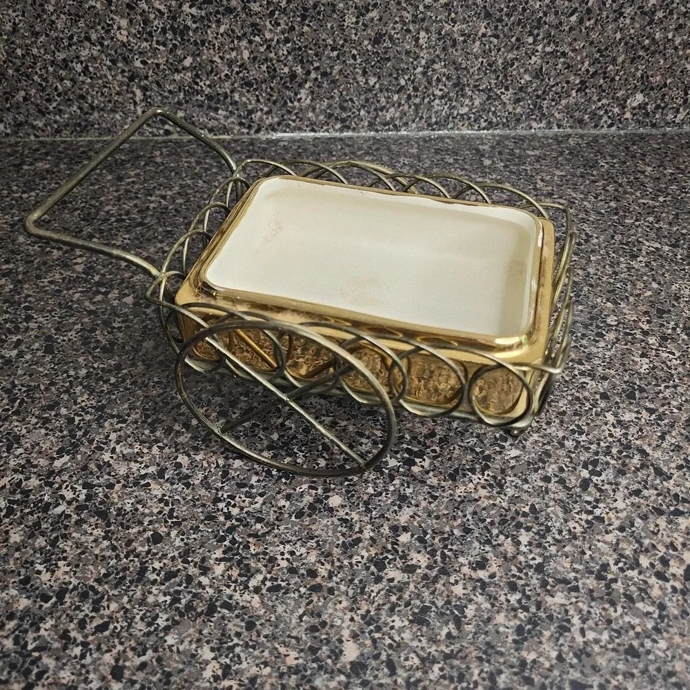 Vintage MCM Atlas Satin Gold Wagon Cart Candy Dish Nut Server Ashtray Caddy Gold